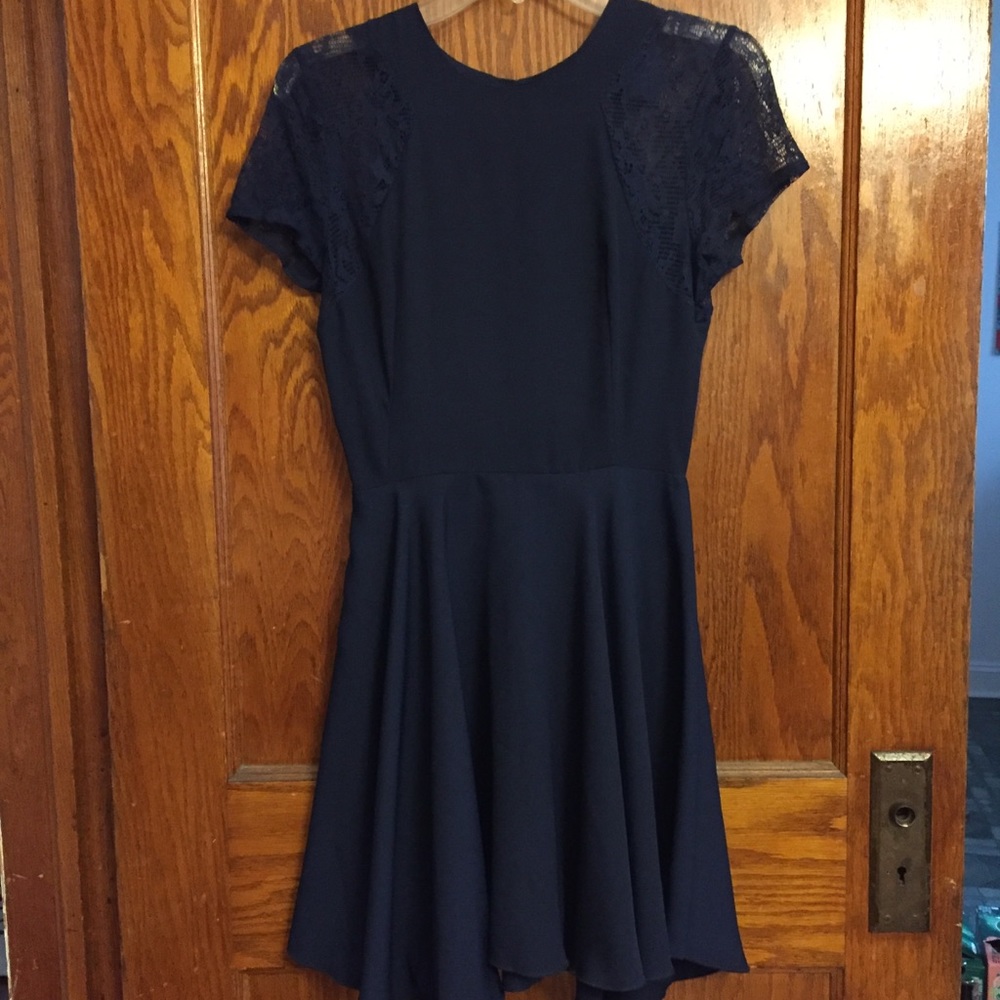 Navy lace shoulder party dress